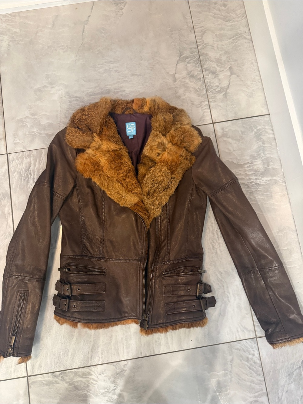 Barney’s New York Leather Jacket with real fox Fur Collar - Brown xs